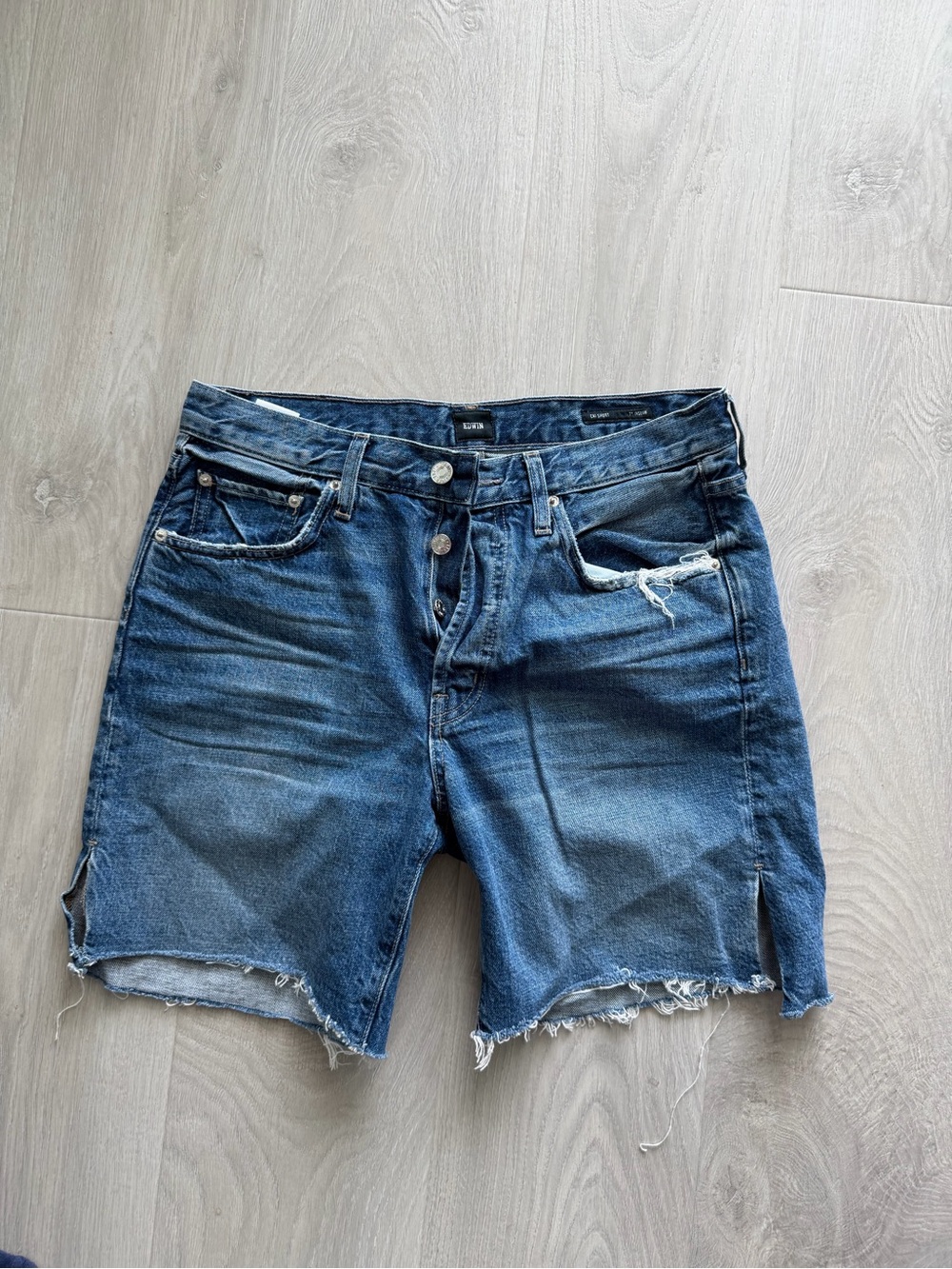 Edwin Distressed Dark Blue Denim Cutoff Shorts